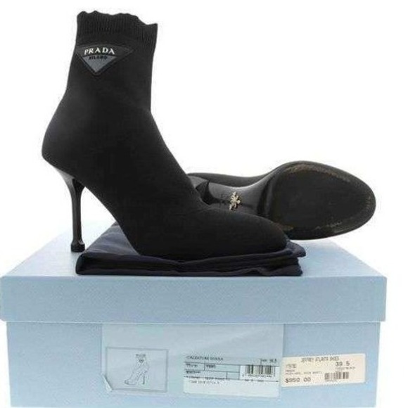 Prada Black Sock Ankle Boots Stiletto Heel Logo Triangle Women's Size 39.5 Italy - Picture 9 of 10